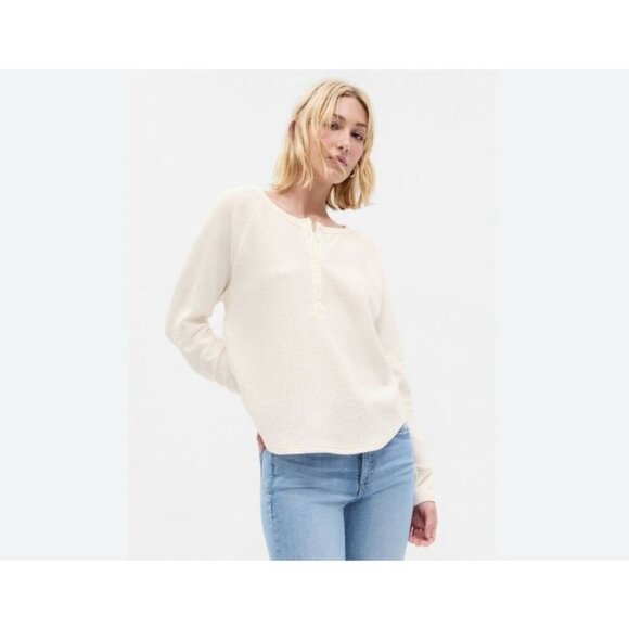 Gap Waffle Henley T-Shirt Long Sleeve Ivory Preppy‎ Collegiate Size Medium - Picture 1 of 8